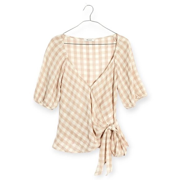 Madewell Gingham Sweetheart Wrap Top, Tan/Cream, Size M - Picture 13 of 13